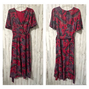 Lauren Ralph Lauren Paisley Print Crepe Dress Size 2‎ Red Midi Classic Belt NEW